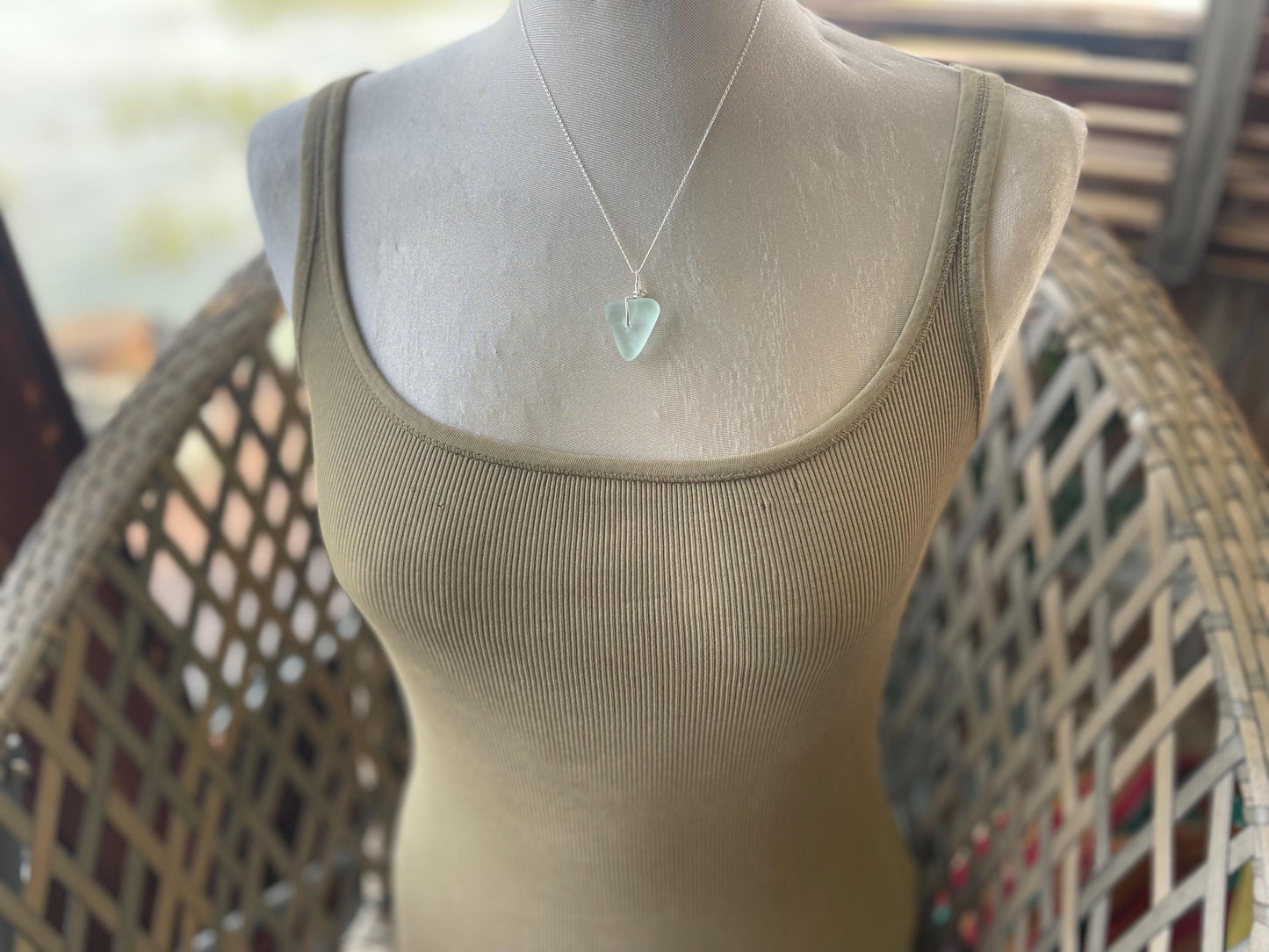 Eco friendly necklace. Aqua sea glass necklace on a recycled sterling silver chain. Handmade eco friendly jewellery. ethical jewellery