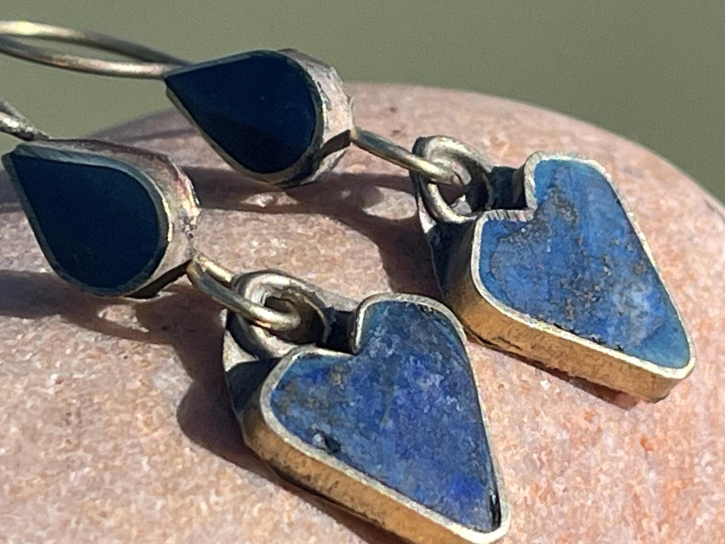 Vintage heart earrings, silver heart jewellery, blue hearts, ethical jewellery, gypsy earrings. Eco friendly jewellery. Ethical jewellery.