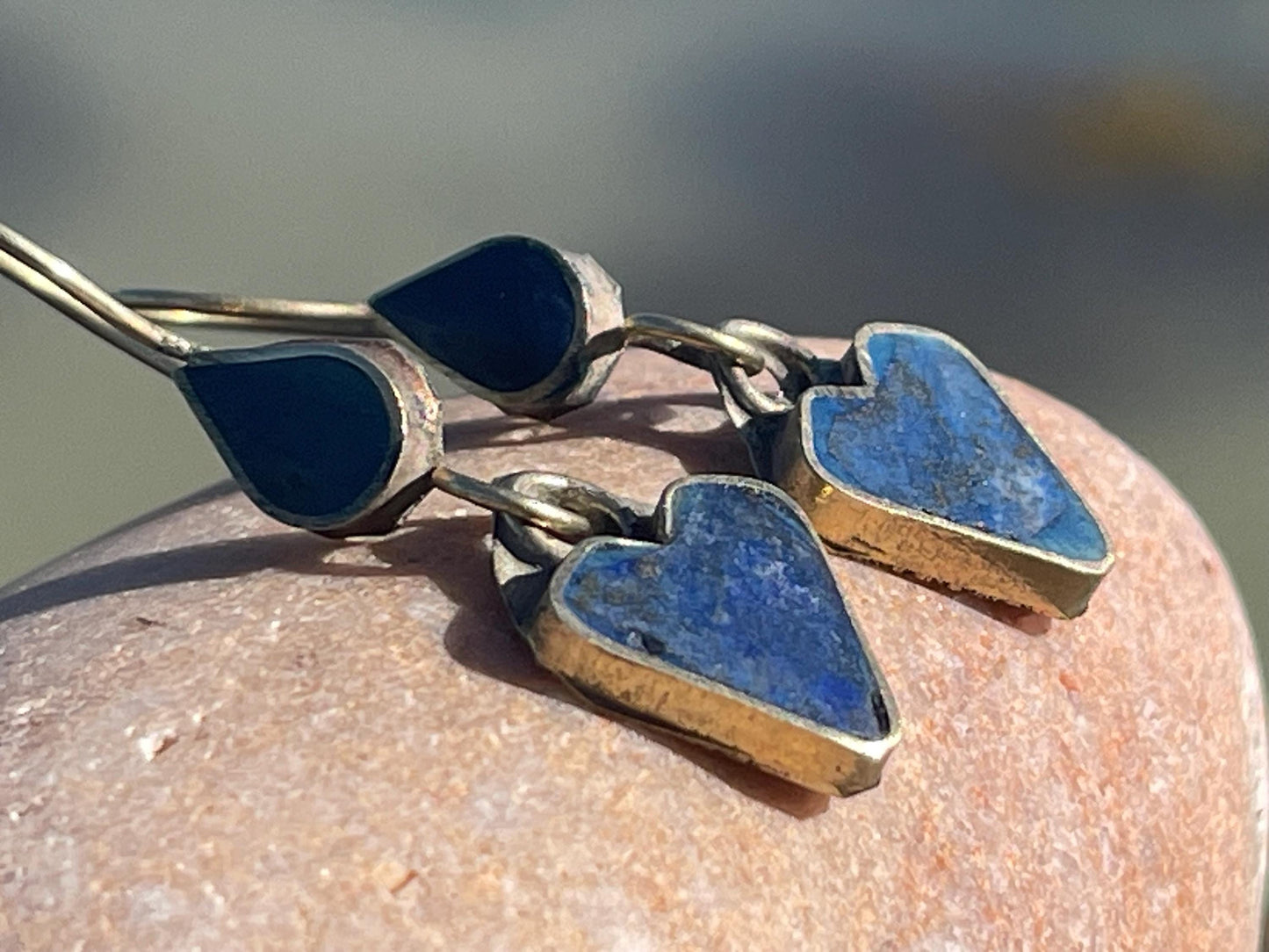 Vintage heart earrings, silver heart jewellery, blue hearts, ethical jewellery, gypsy earrings. Eco friendly jewellery. Ethical jewellery.