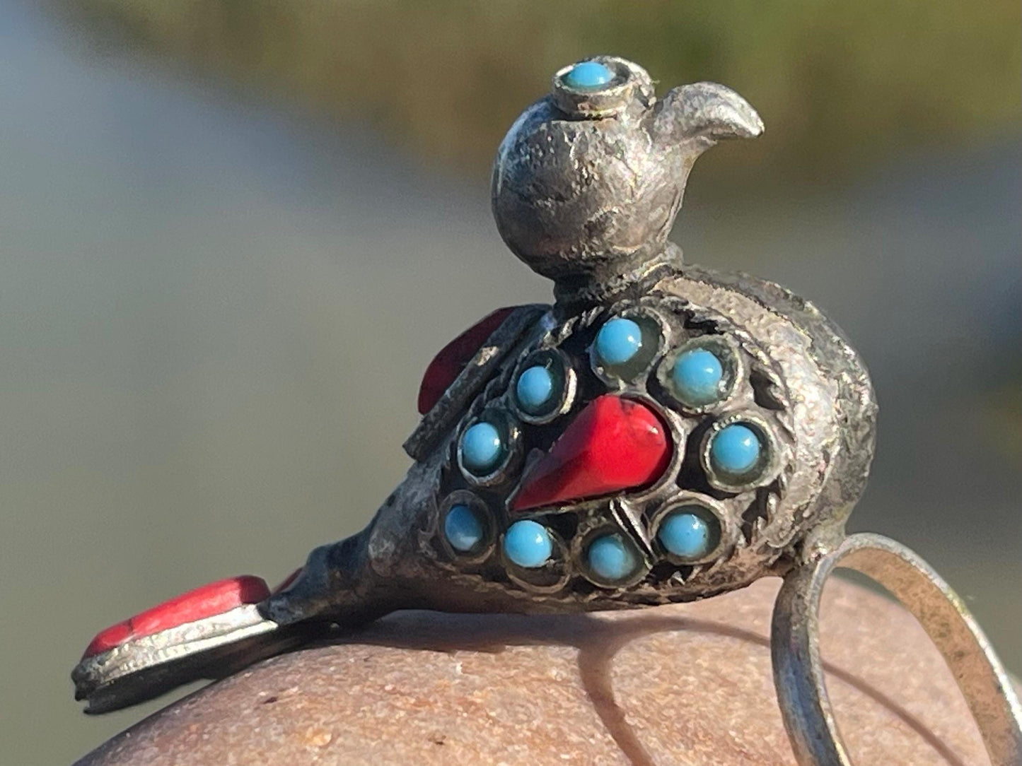 Large vintage bird ring, silver bird ring, vintage jewellery, boho jewellery, ethical jewellery, gypsy ring. Gypsy jewellery, red bird ring