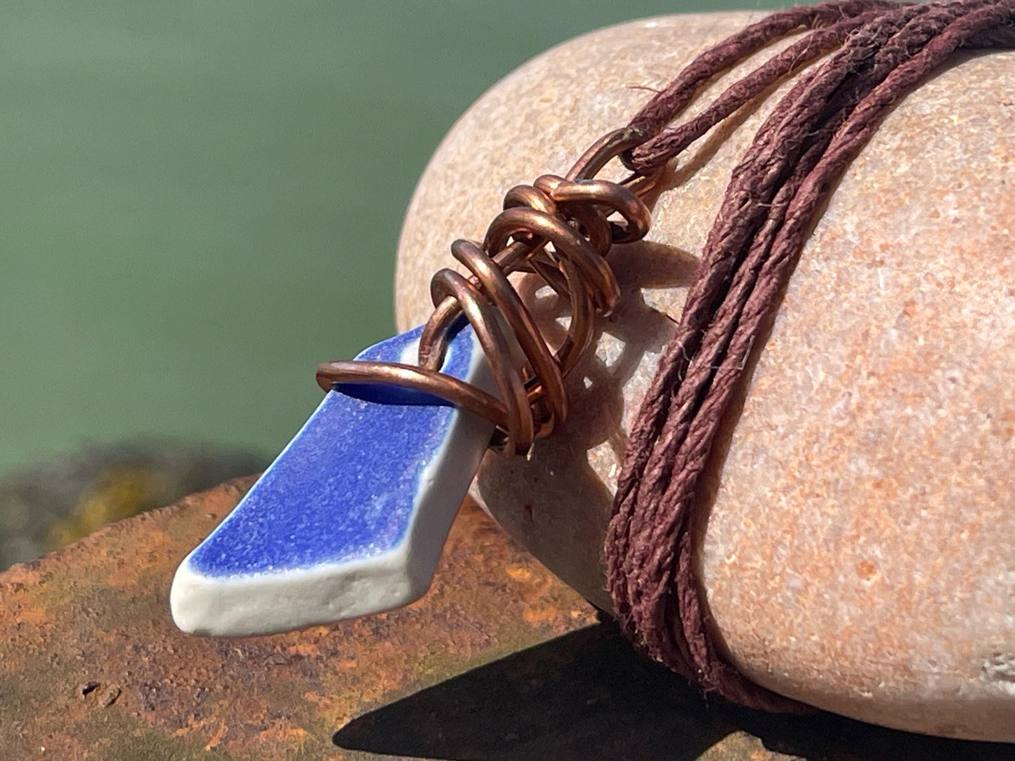 Recycled necklace, sea pottery necklace, eco friendly gift for her. Handmade necklace, ethical jewellery, ceramic necklace, blue necklace