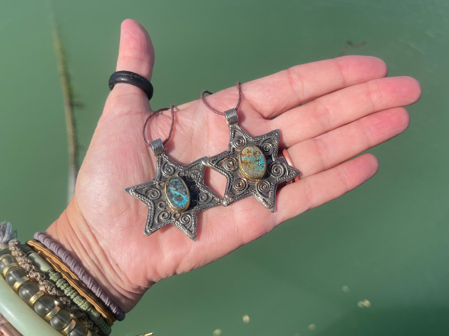 Vintage turquoise star necklaces, silver star jewellery, ethical jewellery. Eco friendly jewellery. Ethical jewellery. Turquoise pendants.