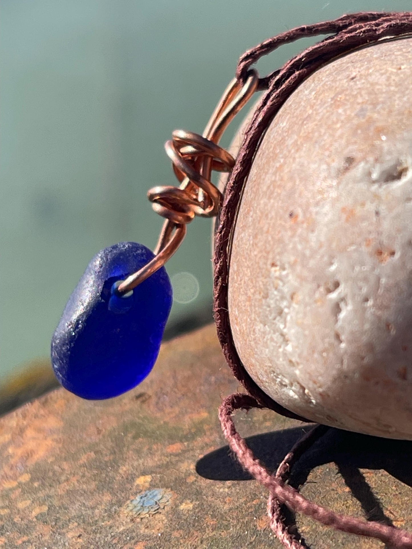 Blue sea glass necklace. Recycled necklace, gift for him. Ethical jewellery. Sea glass pendant. Eco friendly necklace, boho surf jewellery