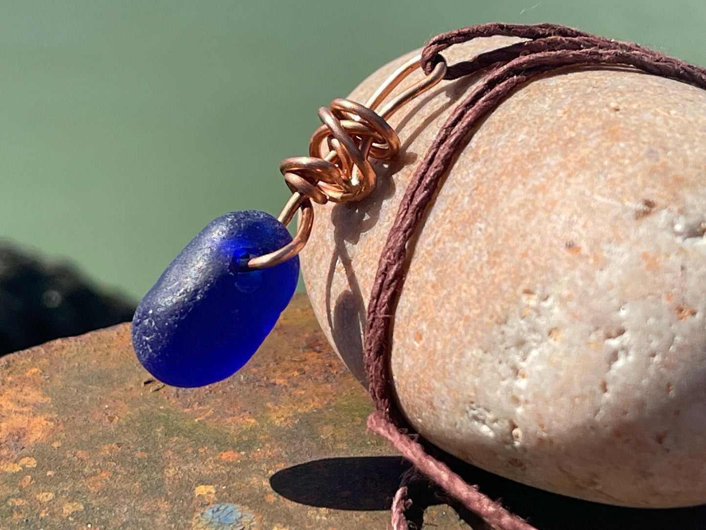 Blue sea glass necklace. Recycled necklace, gift for him. Ethical jewellery. Sea glass pendant. Eco friendly necklace, boho surf jewellery