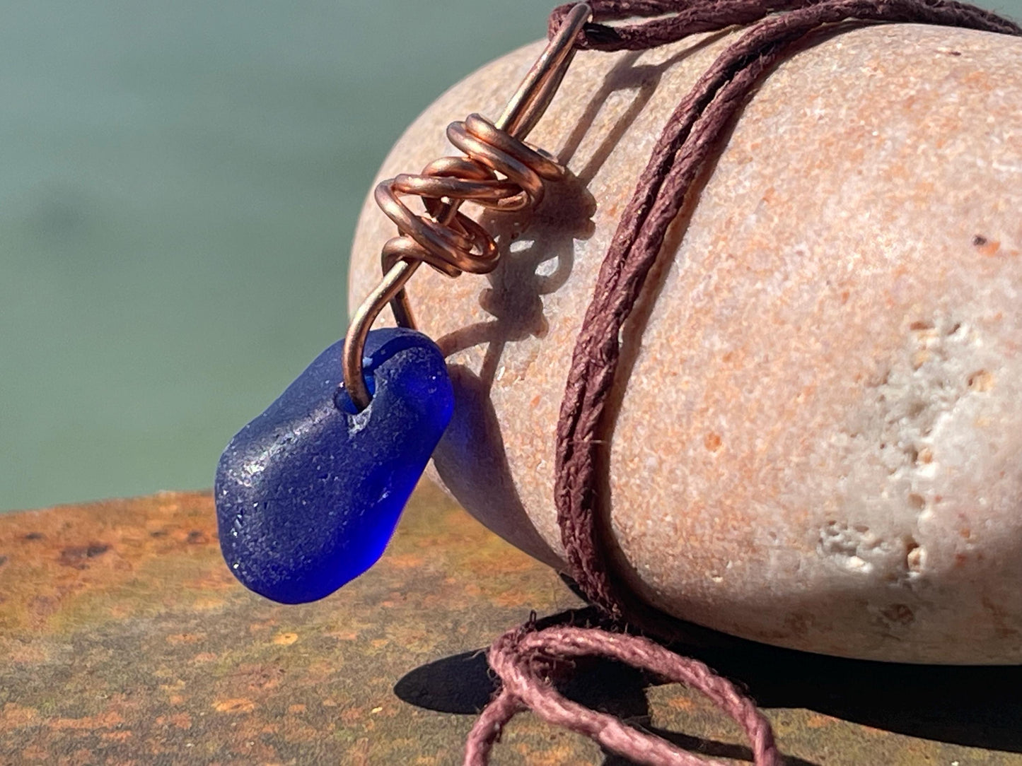 Blue sea glass necklace. Recycled necklace, gift for him. Ethical jewellery. Sea glass pendant. Eco friendly necklace, boho surf jewellery