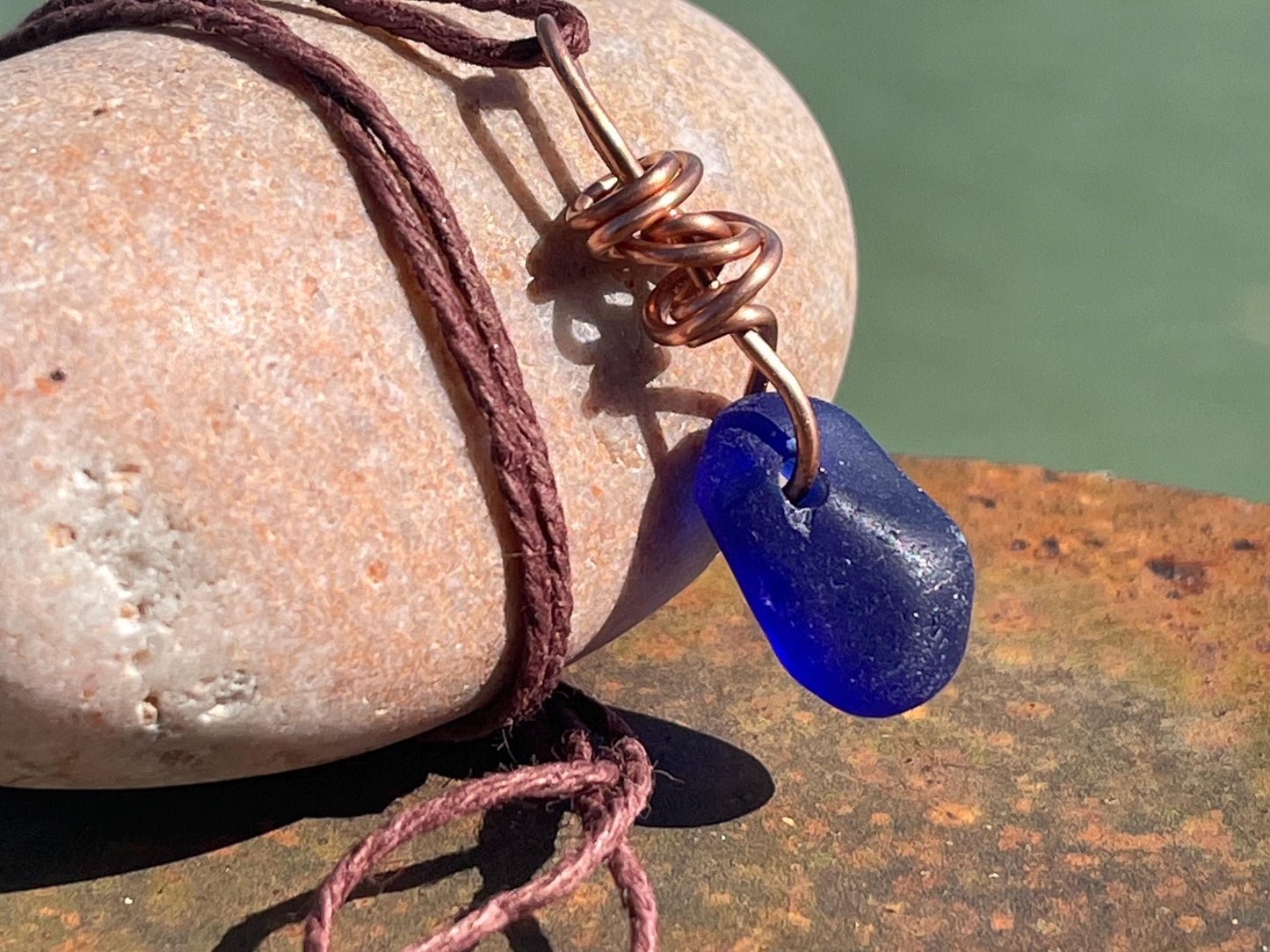 Blue sea glass necklace. Recycled necklace, gift for him. Ethical jewellery. Sea glass pendant. Eco friendly necklace, boho surf jewellery