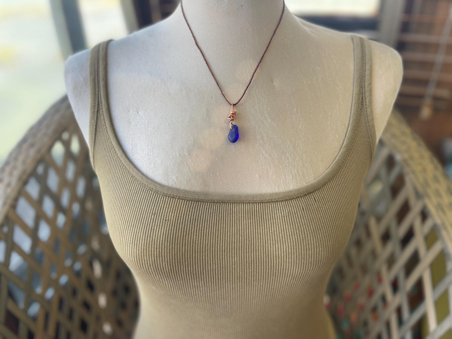 Blue sea glass necklace. Recycled necklace, gift for him. Ethical jewellery. Sea glass pendant. Eco friendly necklace, boho surf jewellery