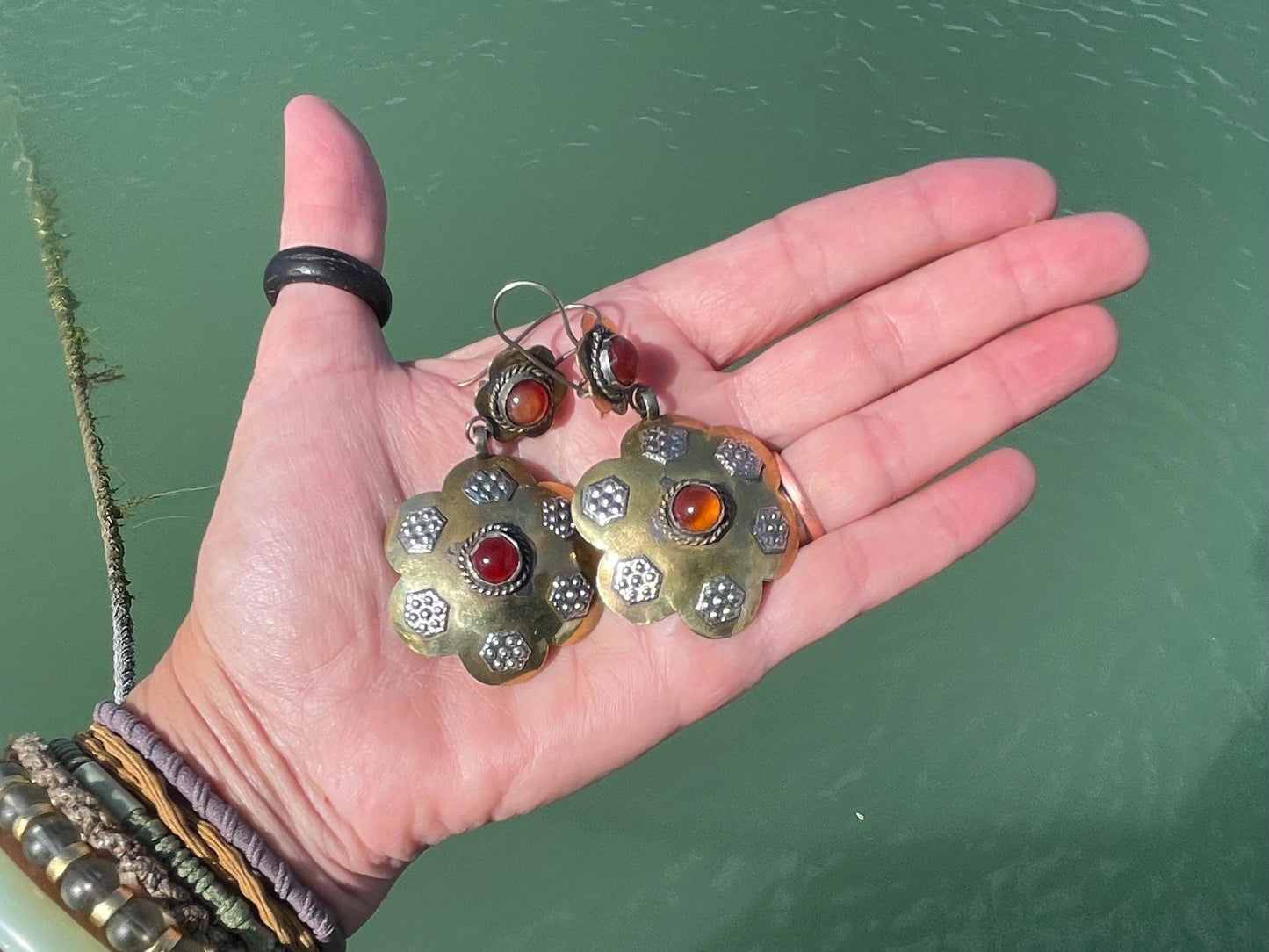 Gypsy jewellery. Large flower earrings with carnelian and glass. Ethical jewellery, eco friendly jewellery, boho earrings, unique earrings.