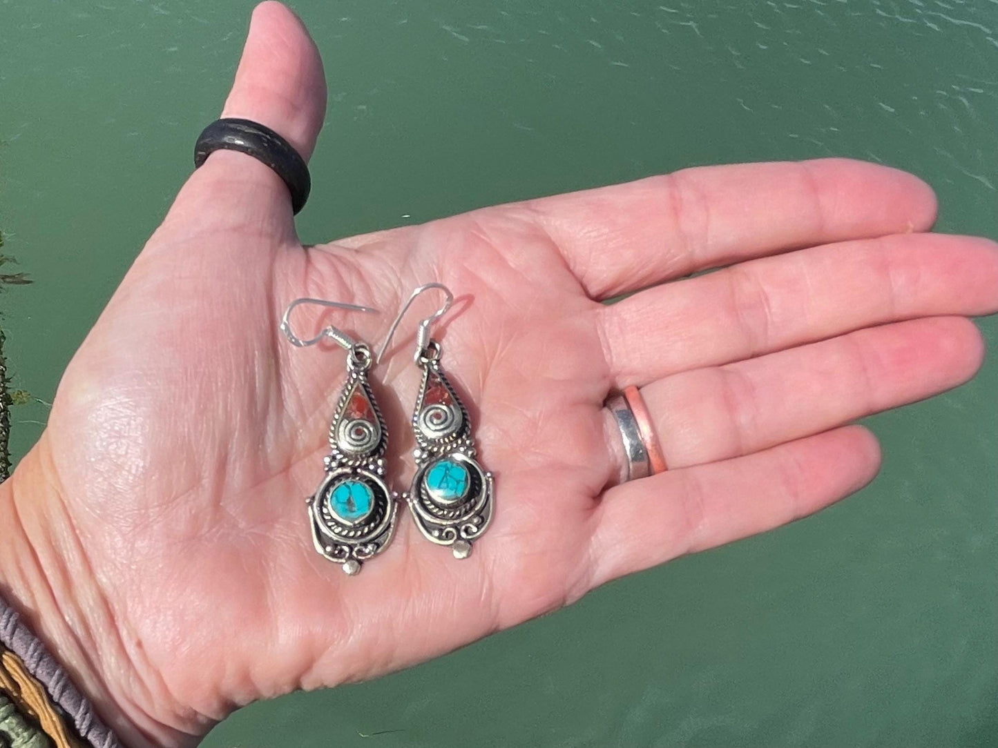 Vintage turquoise earrings, turquoise jewellery, ethical jewellery, gypsy earrings. Eco friendly jewellery. Ethical jewellery.