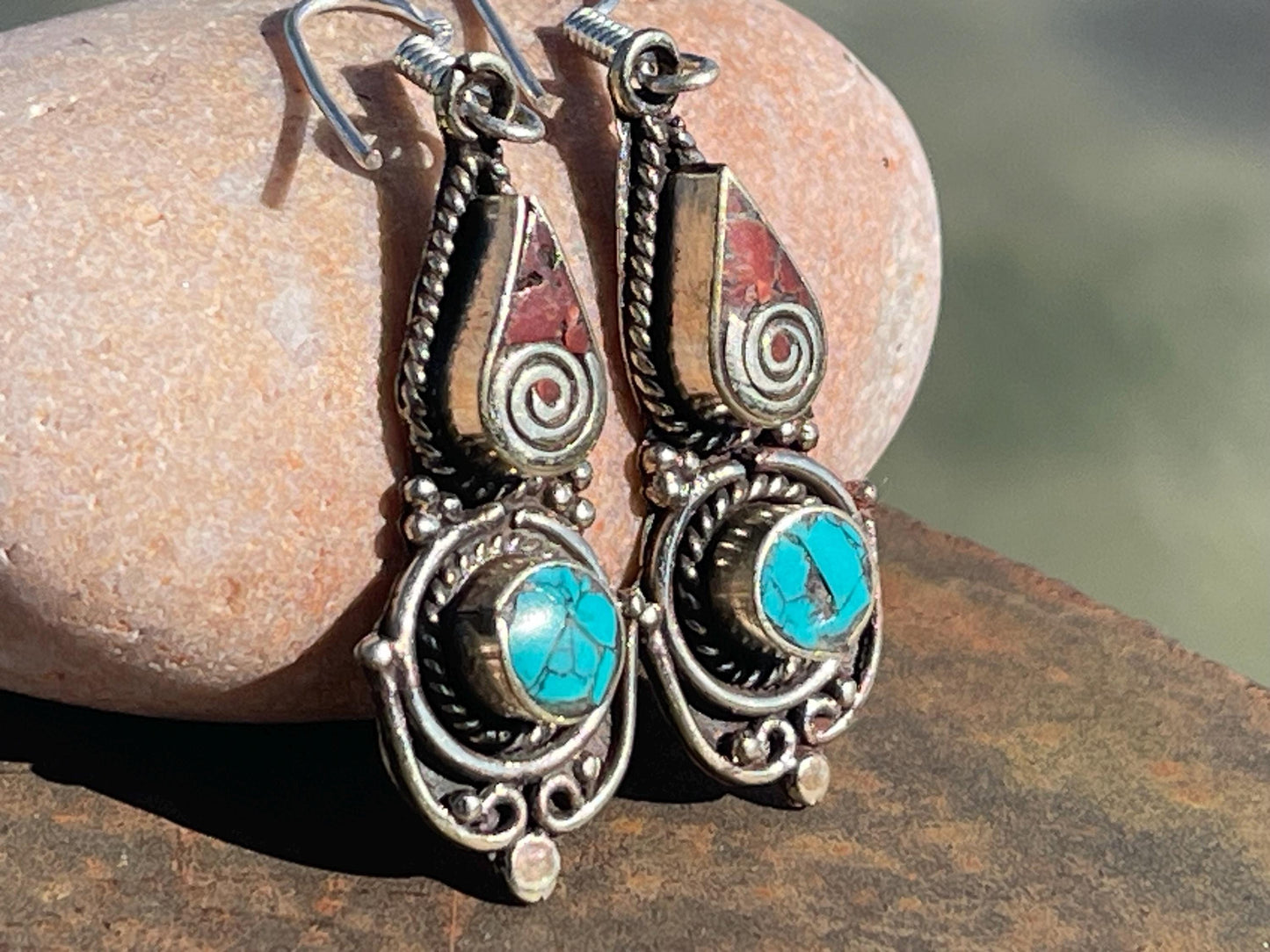 Vintage turquoise earrings, turquoise jewellery, ethical jewellery, gypsy earrings. Eco friendly jewellery. Ethical jewellery.