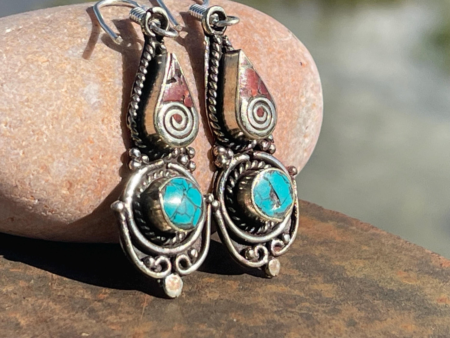 Vintage turquoise earrings, turquoise jewellery, ethical jewellery, gypsy earrings. Eco friendly jewellery. Ethical jewellery.