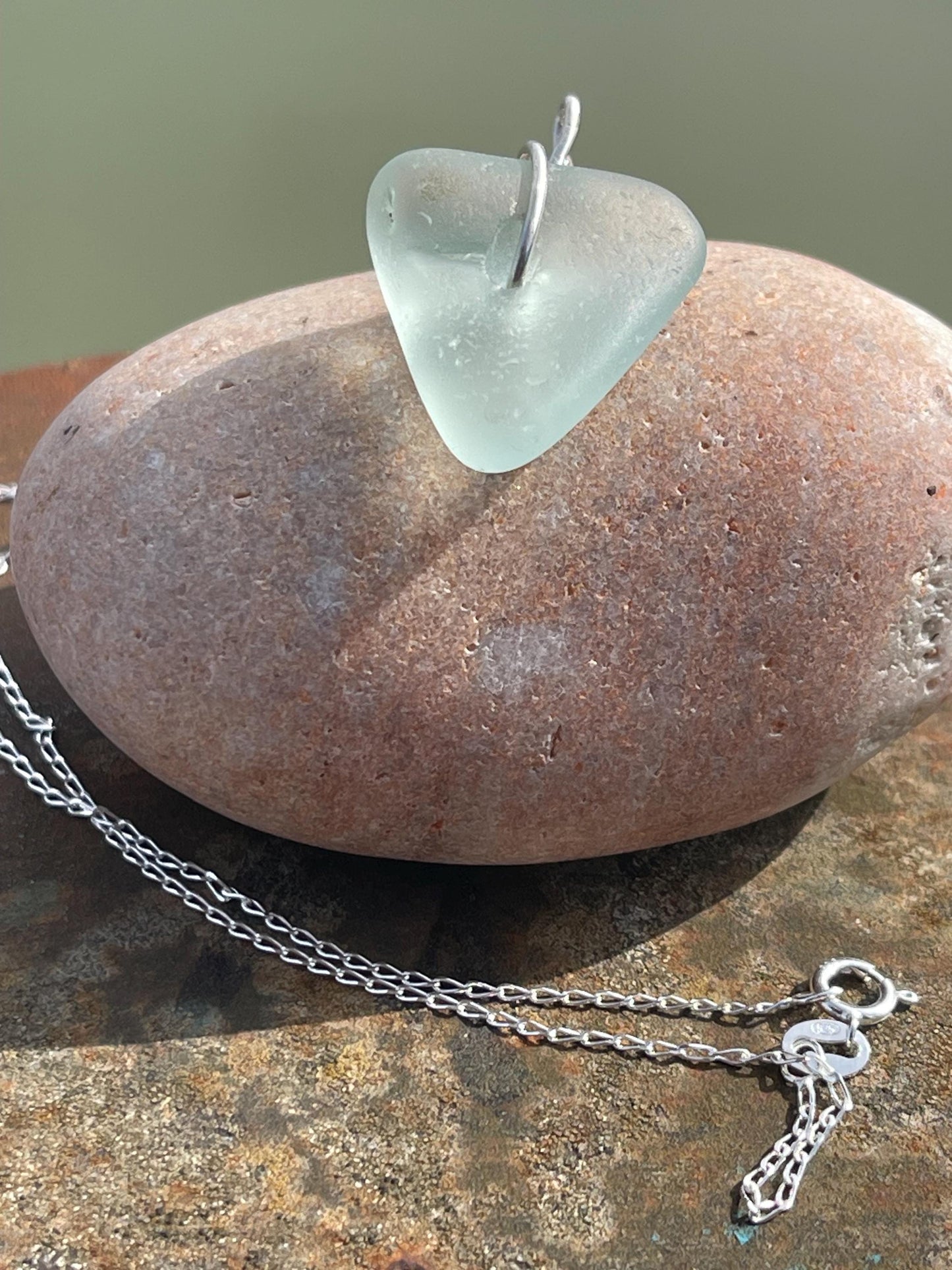 Eco friendly necklace. Aqua sea glass necklace on a recycled sterling silver chain. Handmade eco friendly jewellery. ethical jewellery