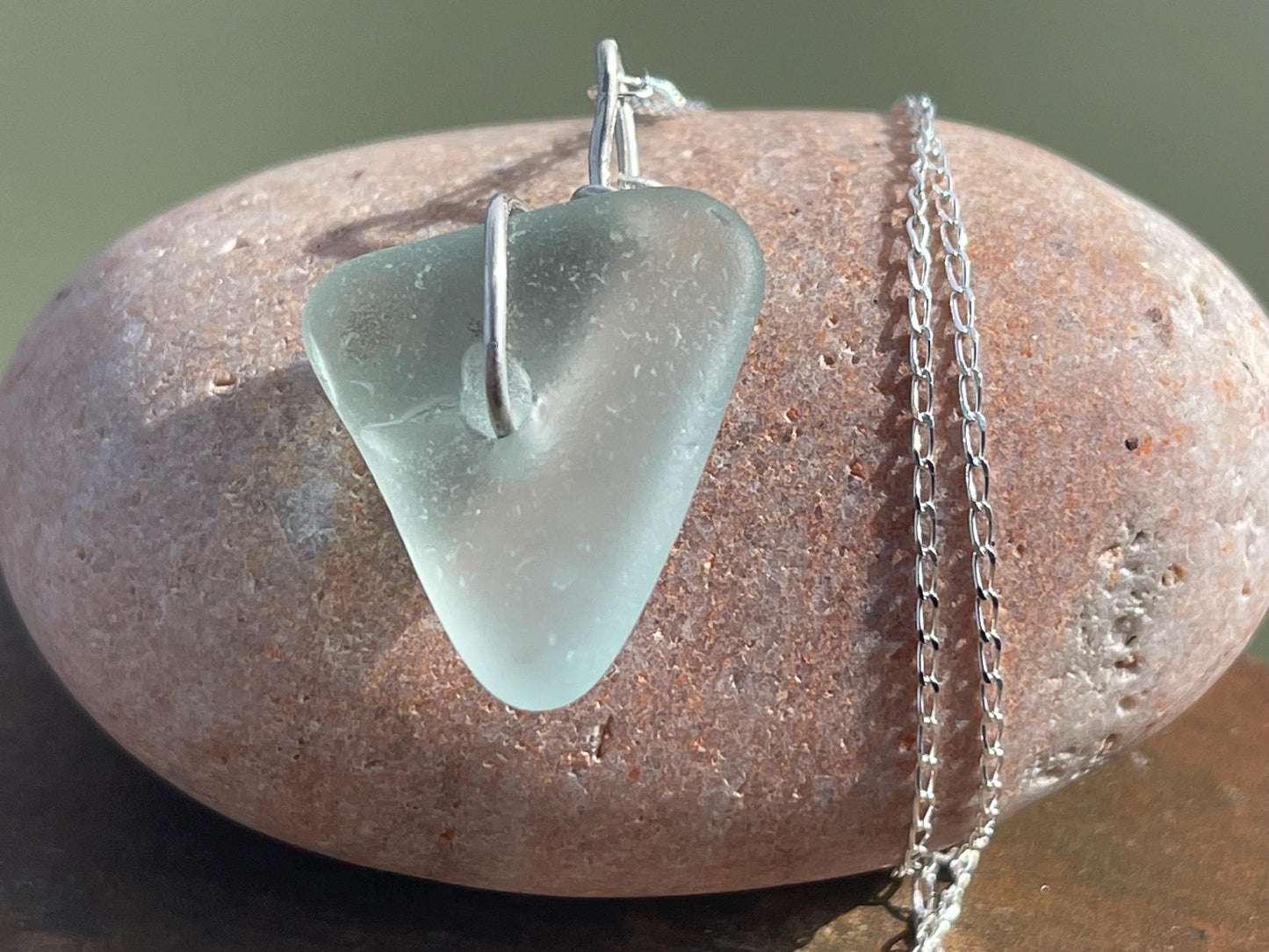 Eco friendly necklace. Aqua sea glass necklace on a recycled sterling silver chain. Handmade eco friendly jewellery. ethical jewellery