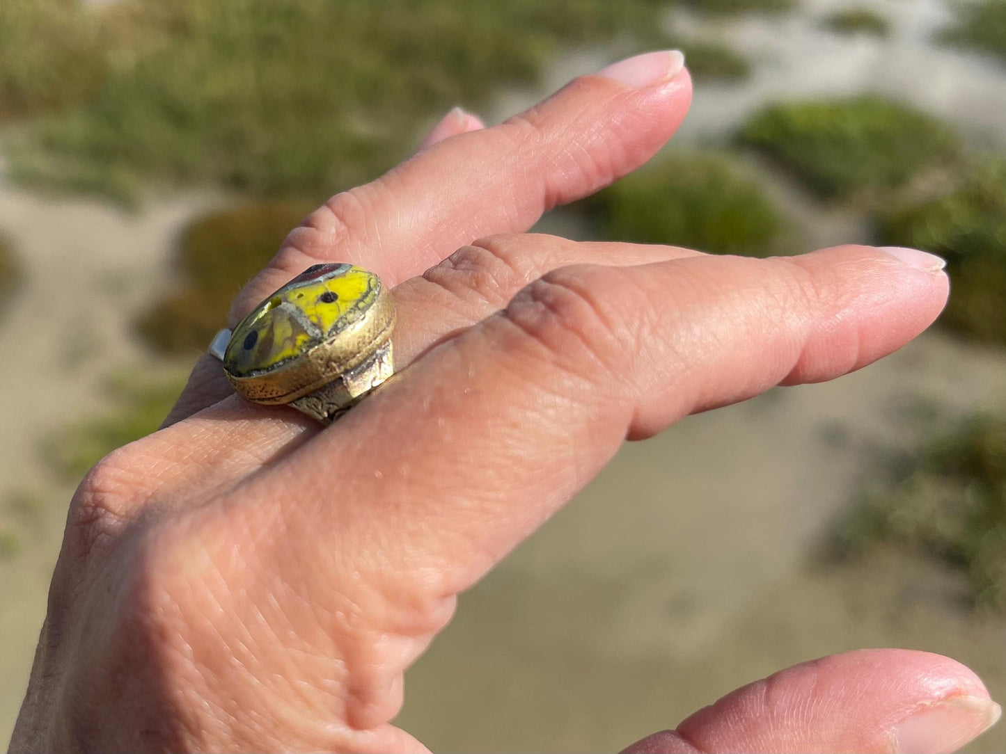 Fabulous vintage ring, large yellow ring, boho vintage jewellery, ethical jewellery, gypsy ring. Gypsy jewellery, statement jewellery