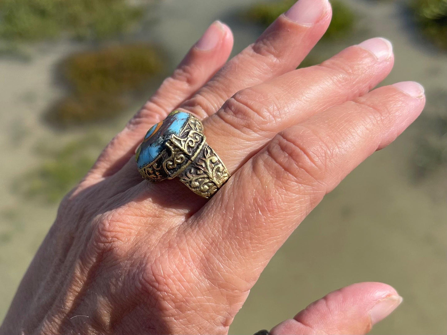 Fabulous vintage ring, large blue ring, boho vintage jewellery, ethical jewellery, gypsy ring. Gypsy jewellery, statement jewellery