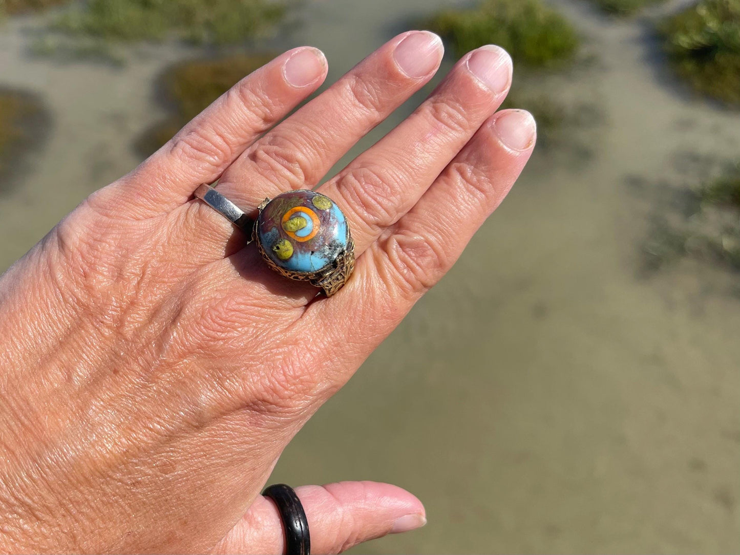 Fabulous vintage ring, large blue ring, boho vintage jewellery, ethical jewellery, gypsy ring. Gypsy jewellery, statement jewellery