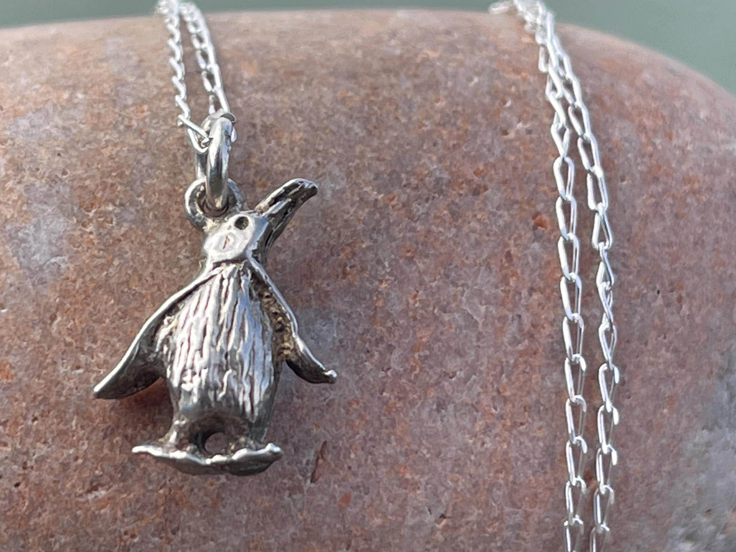 Recycled sterling silver penguin necklace. Unique jewellery, festive necklace, penguin jewellery, penguin pendant. Penguin jewellery.