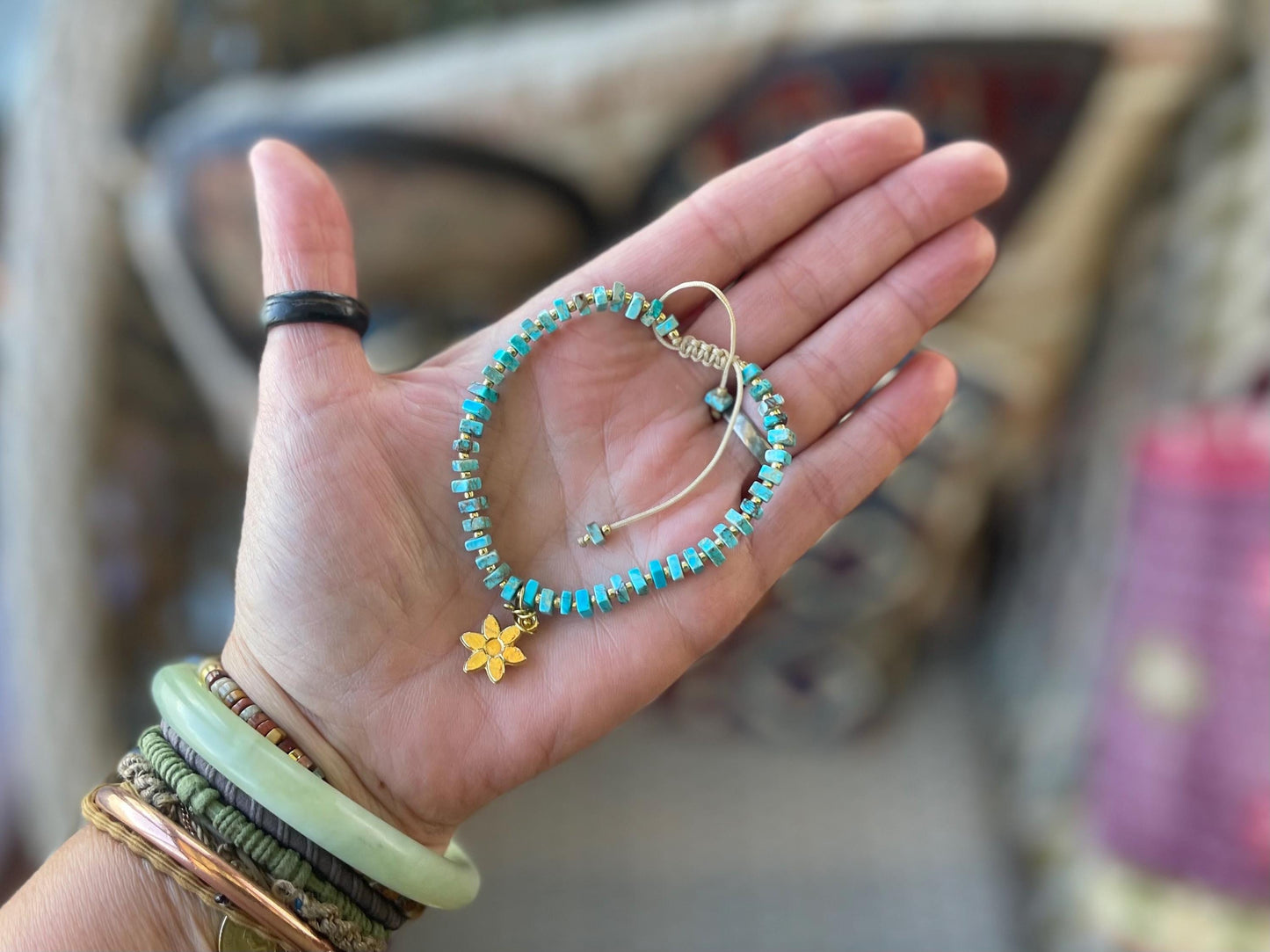 Adjustable gold and blue jasper gemstone bracelet, handmade gift for him or her. Ethical jewellery, handmade unique jewellery.