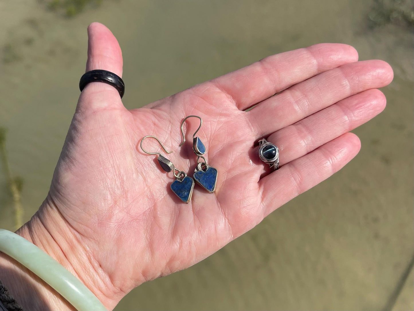 Vintage heart earrings, silver heart jewellery, blue hearts, ethical jewellery, gypsy earrings. Eco friendly jewellery. Ethical jewellery.