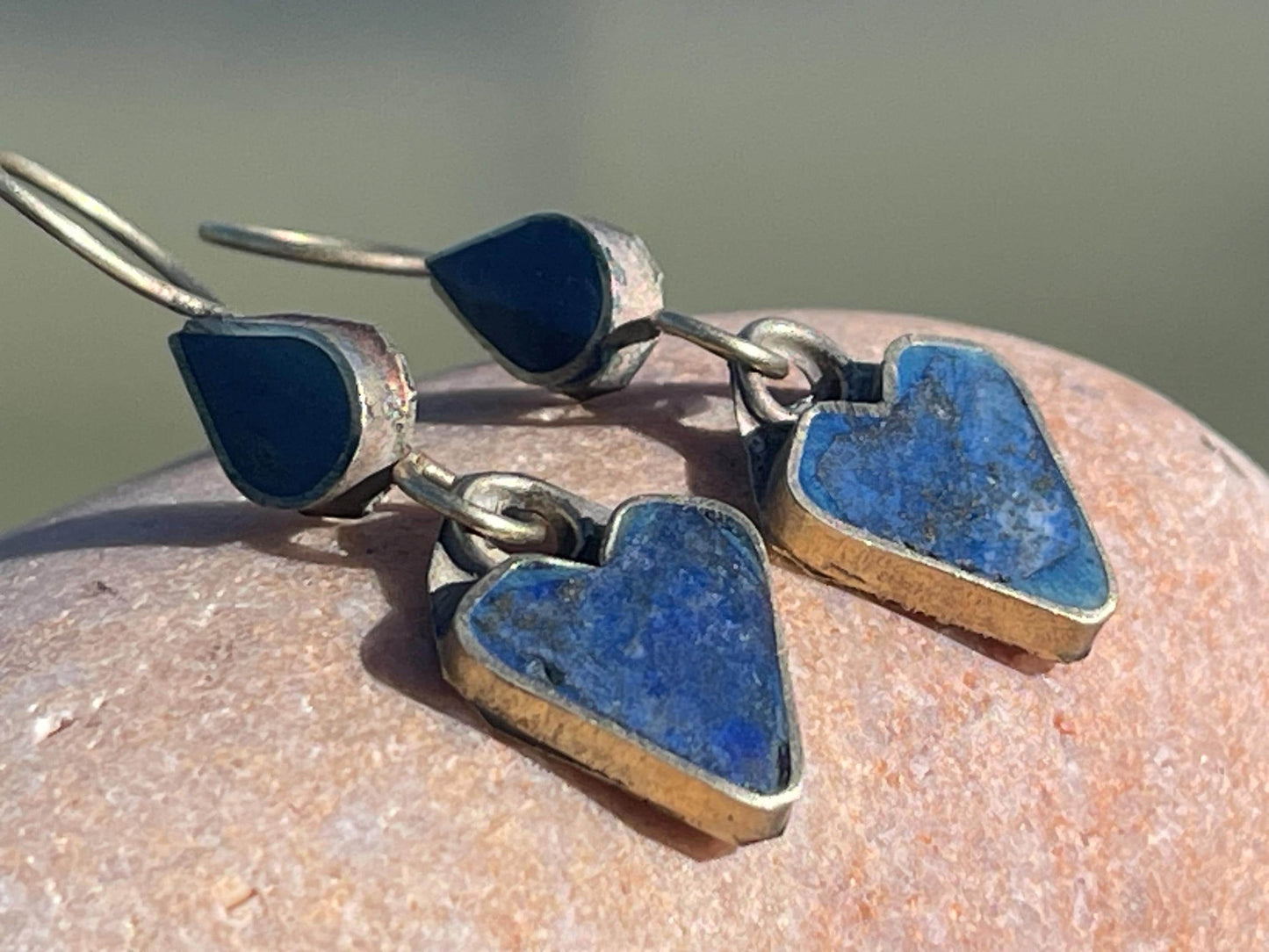 Vintage heart earrings, silver heart jewellery, blue hearts, ethical jewellery, gypsy earrings. Eco friendly jewellery. Ethical jewellery.