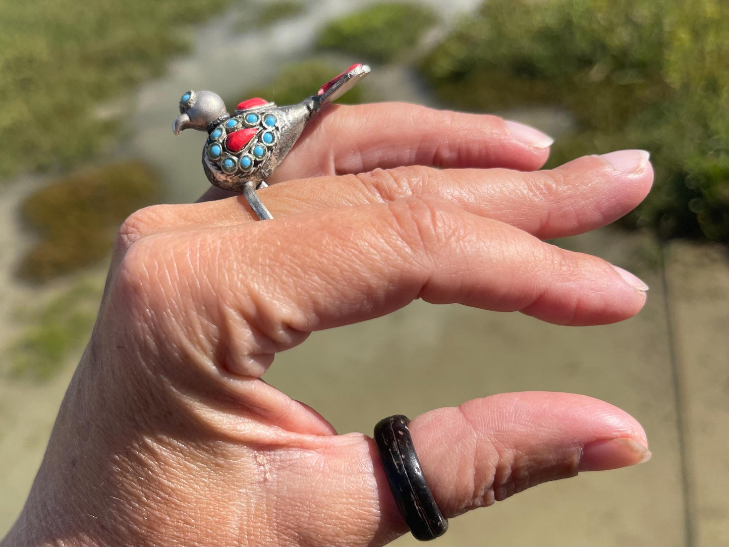 Large vintage bird ring, silver bird ring, vintage jewellery, boho jewellery, ethical jewellery, gypsy ring. Gypsy jewellery, red bird ring