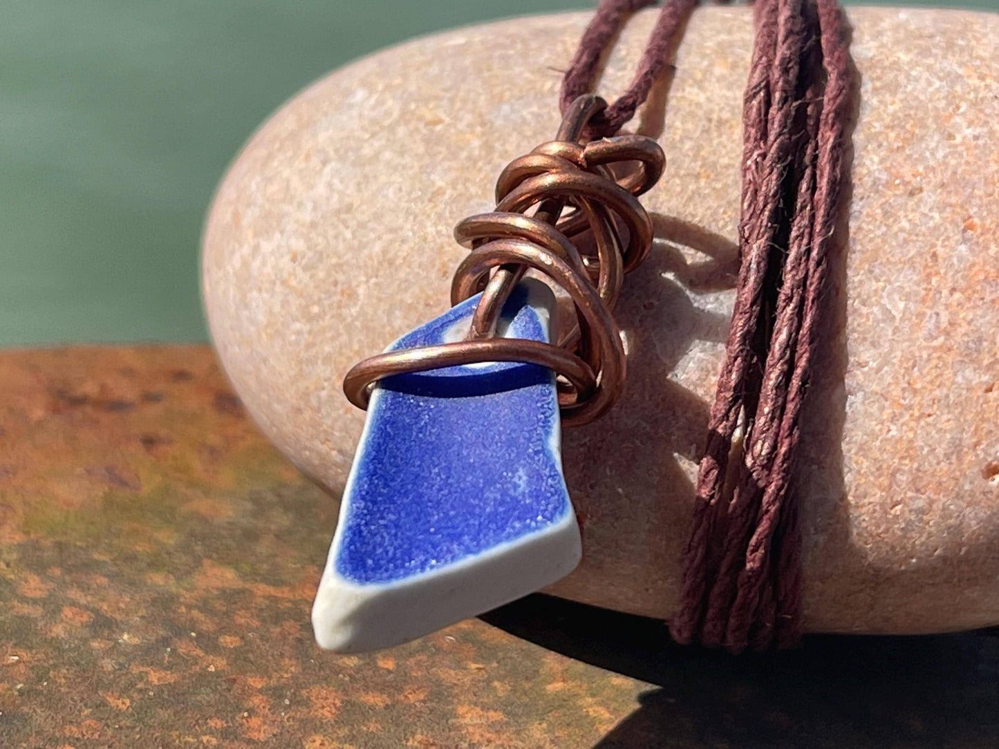Recycled necklace, sea pottery necklace, eco friendly gift for her. Handmade necklace, ethical jewellery, ceramic necklace, blue necklace