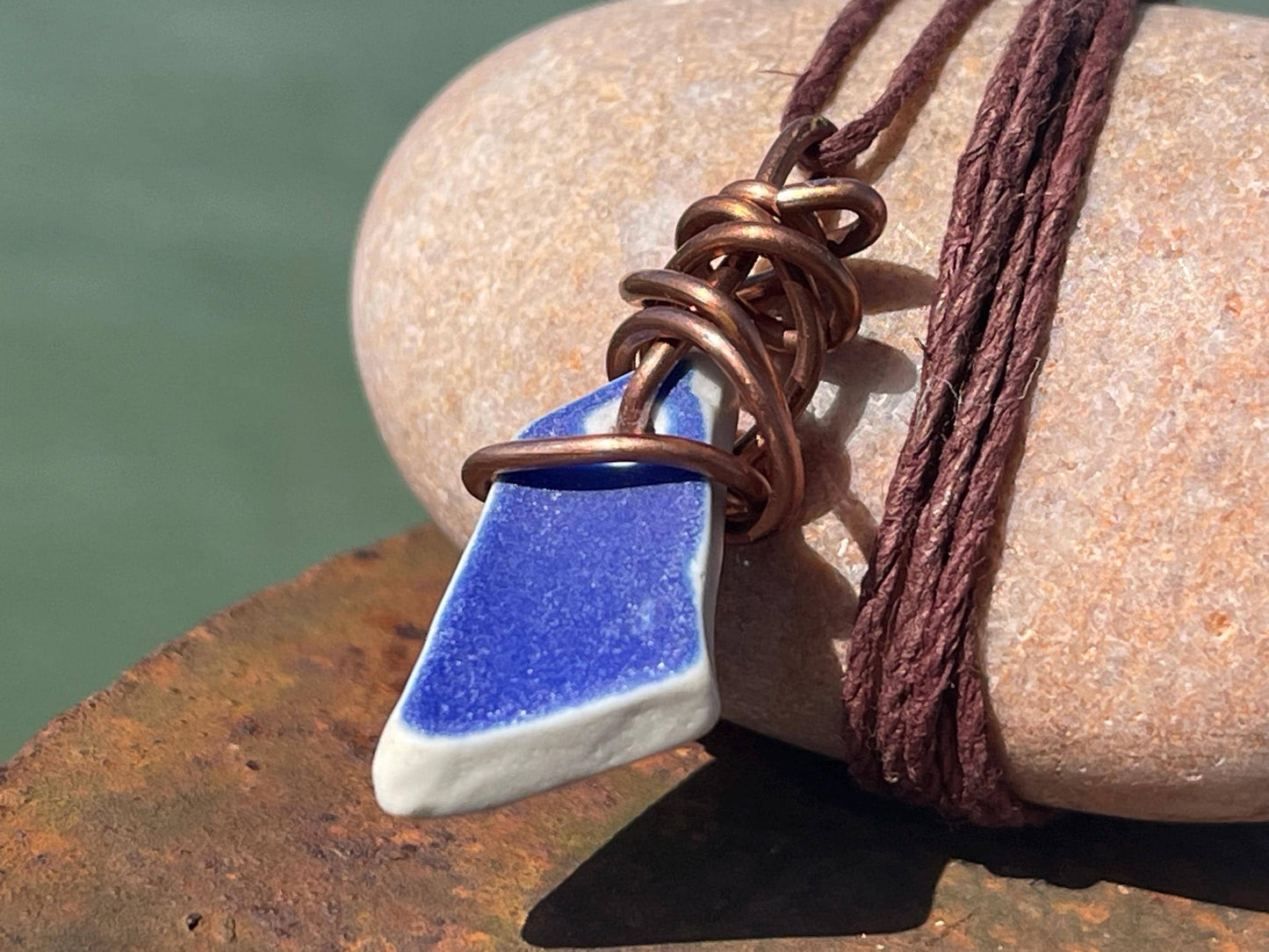 Recycled necklace, sea pottery necklace, eco friendly gift for her. Handmade necklace, ethical jewellery, ceramic necklace, blue necklace