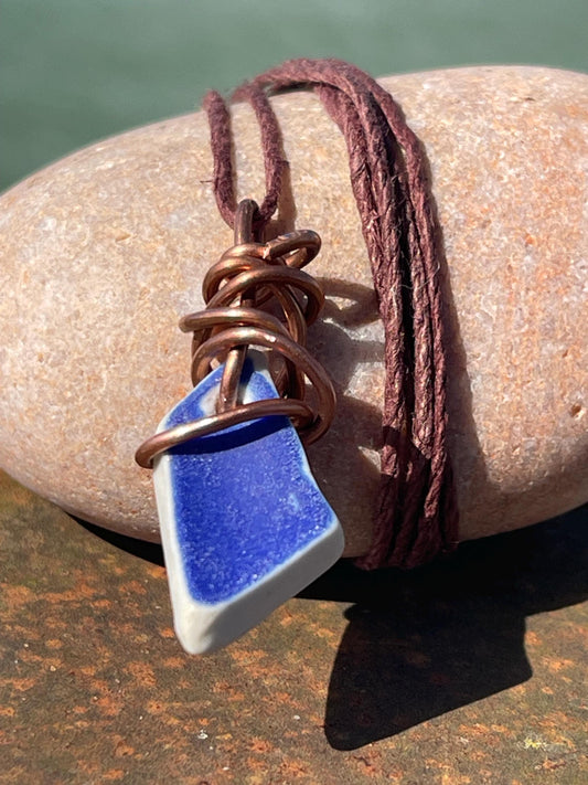 Recycled necklace, sea pottery necklace, eco friendly gift for her. Handmade necklace, ethical jewellery, ceramic necklace, blue necklace