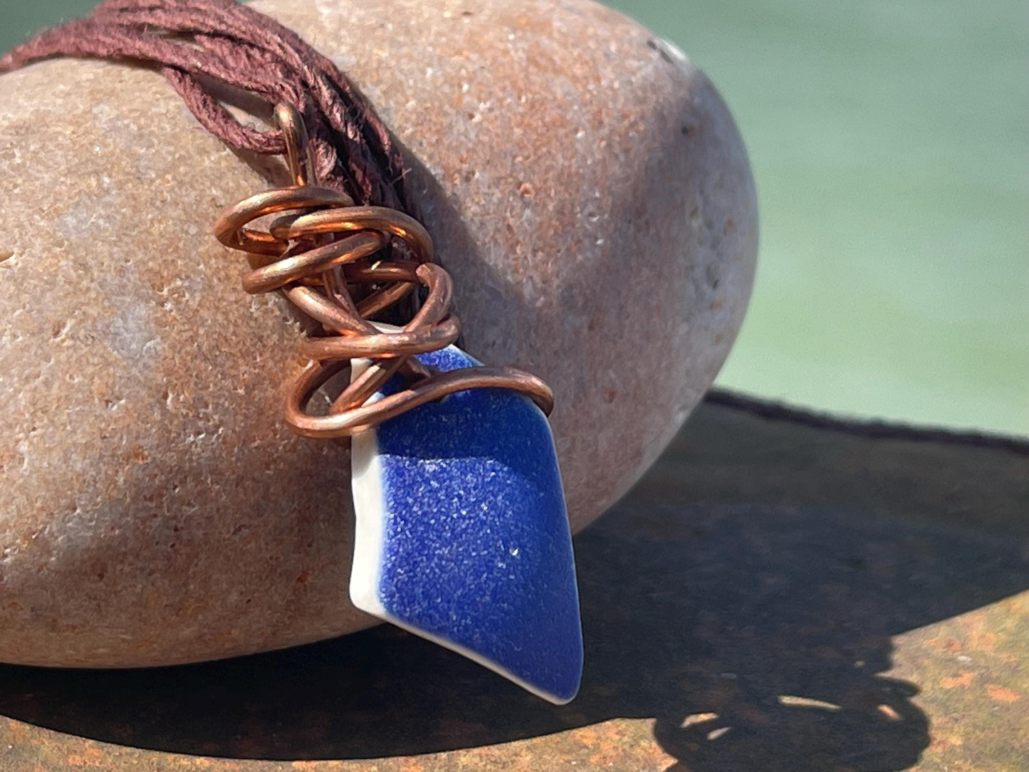 Recycled necklace, sea pottery necklace, eco friendly gift for her. Handmade necklace, ethical jewellery, ceramic necklace, blue necklace