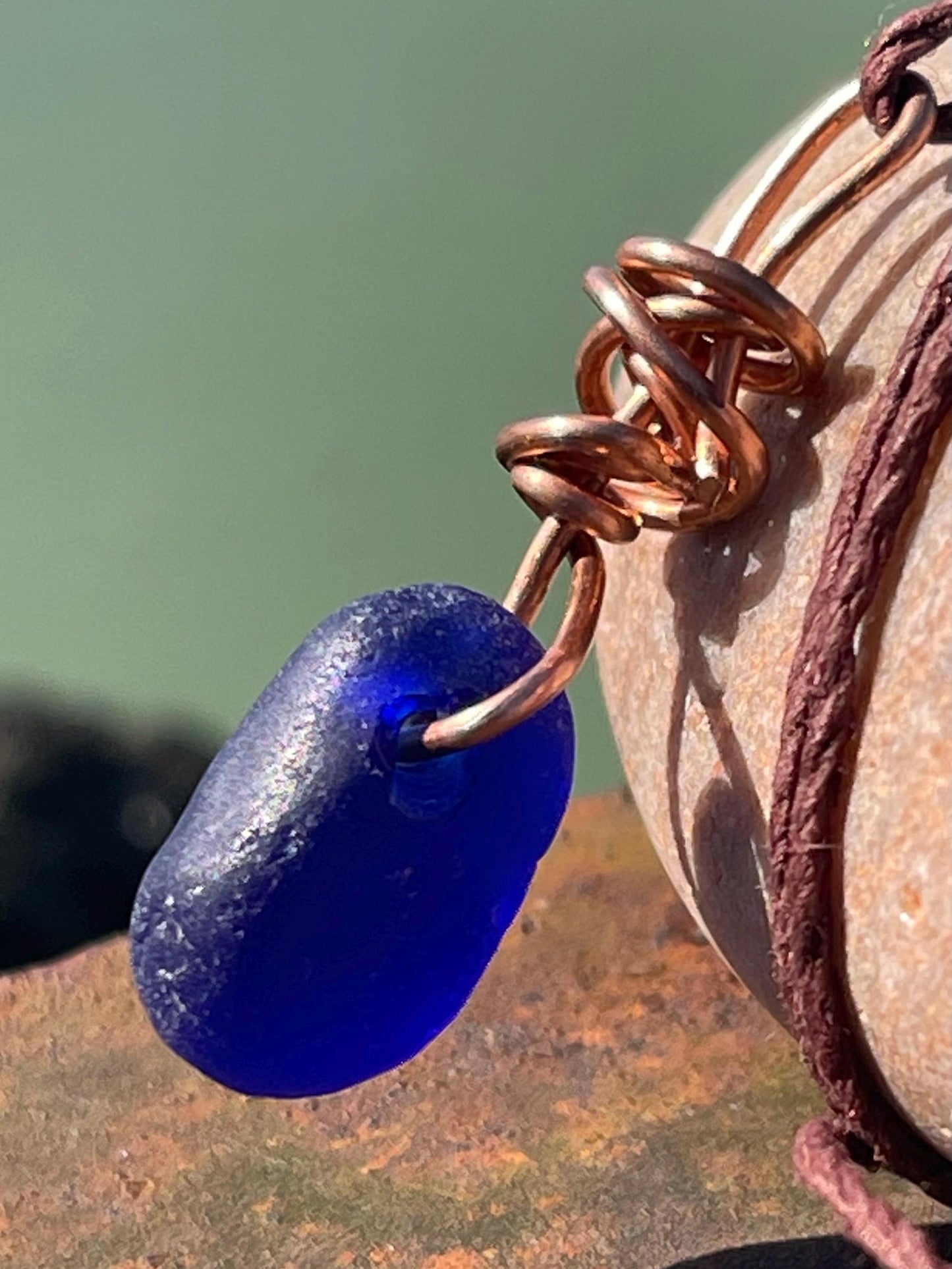 Blue sea glass necklace. Recycled necklace, gift for him. Ethical jewellery. Sea glass pendant. Eco friendly necklace, boho surf jewellery