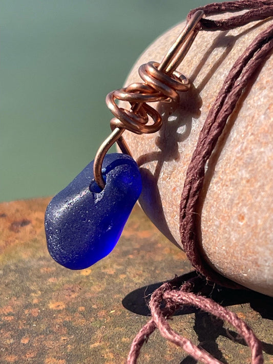 Blue sea glass necklace. Recycled necklace, gift for him. Ethical jewellery. Sea glass pendant. Eco friendly necklace, boho surf jewellery