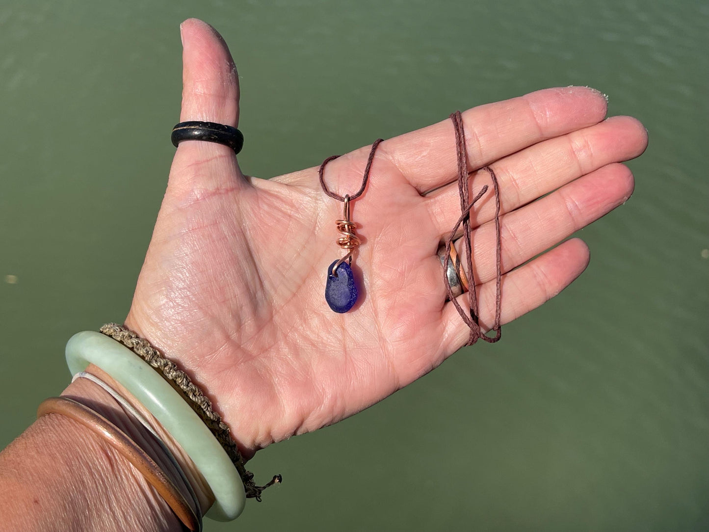 Blue sea glass necklace. Recycled necklace, gift for him. Ethical jewellery. Sea glass pendant. Eco friendly necklace, boho surf jewellery