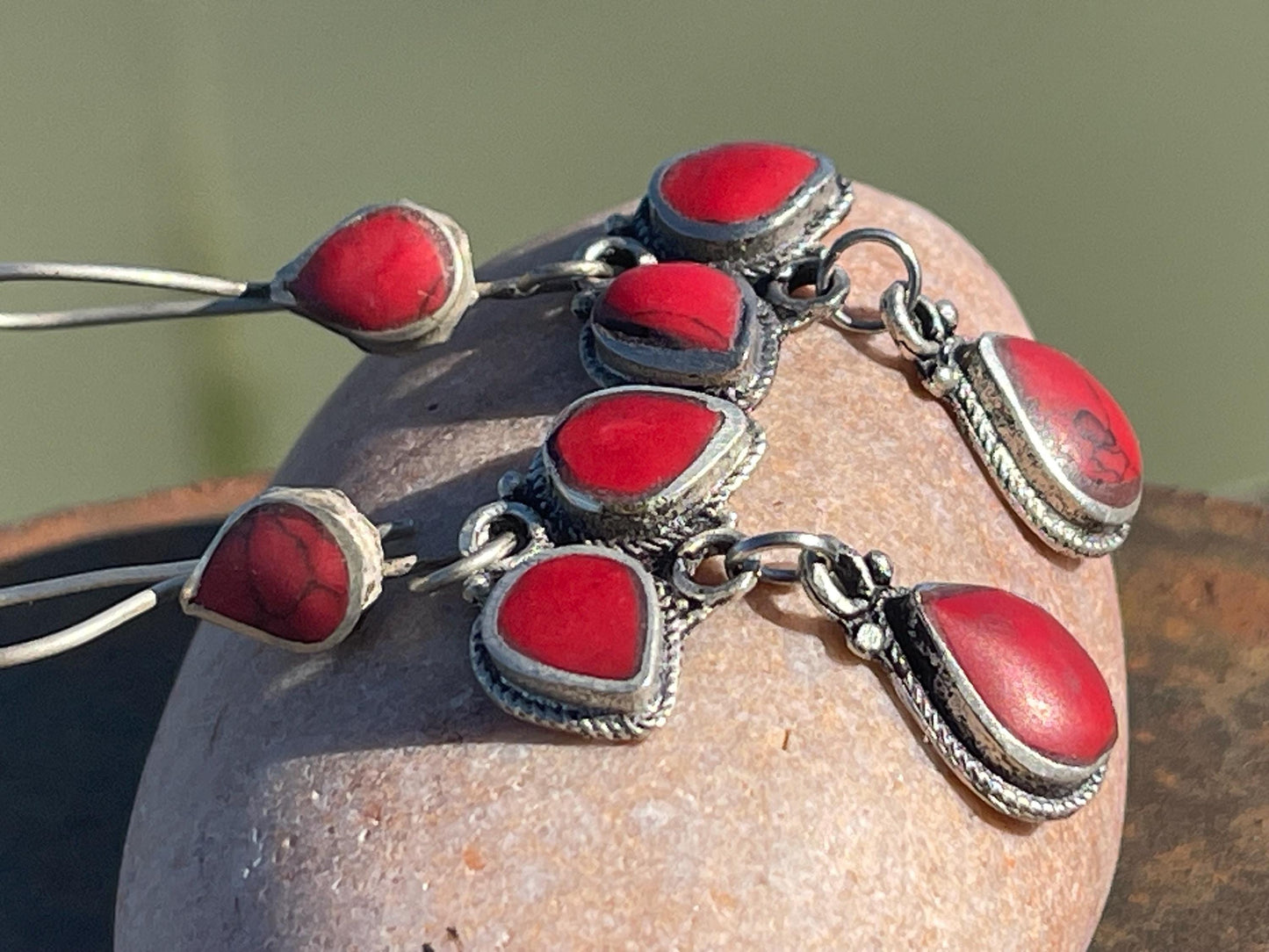 Gypsy jewellery, vintage teardrop earrings, red jewellery, ethical jewellery, gypsy earrings, romantic gifts, eco friendly jewellery