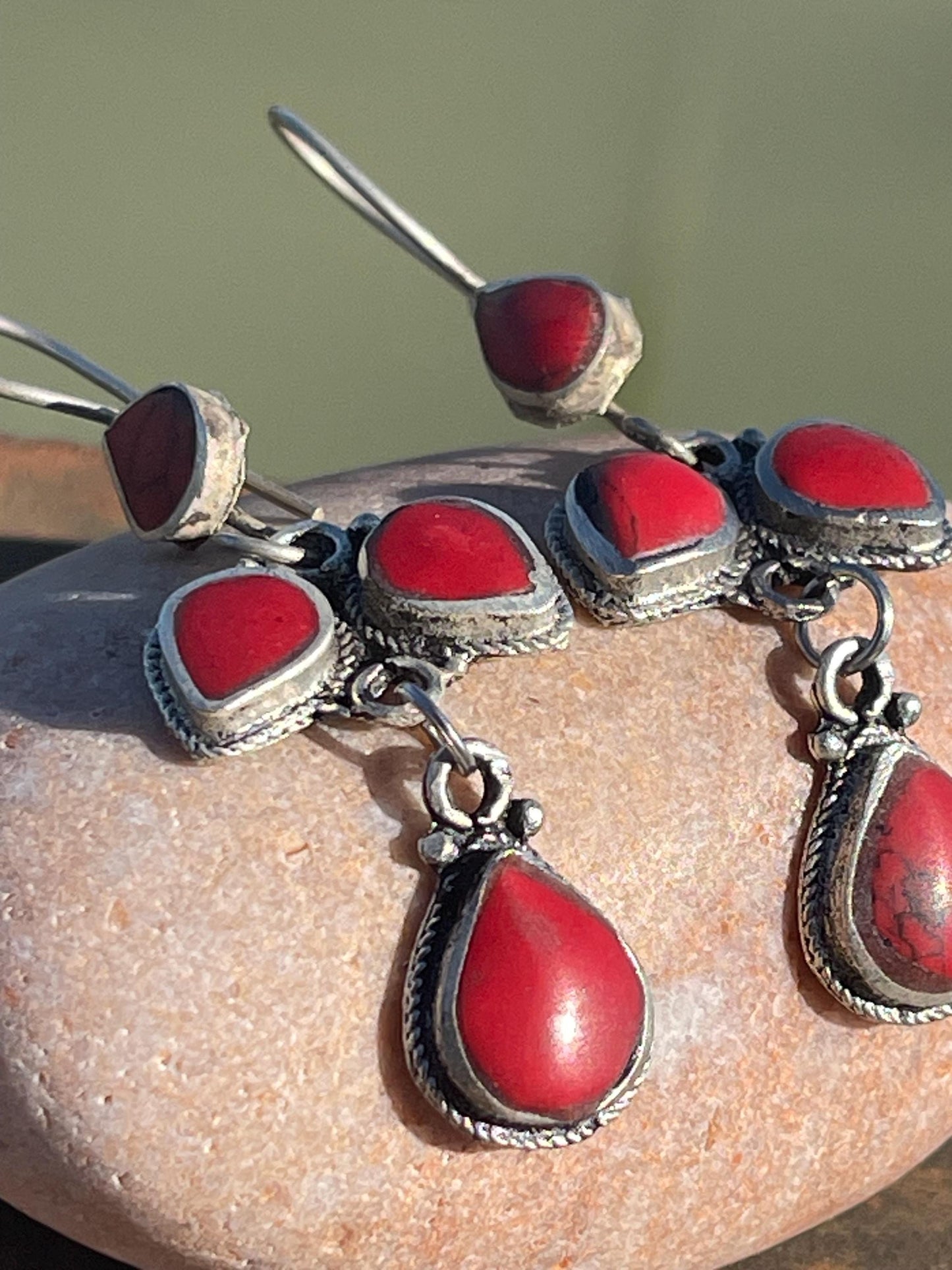 Gypsy jewellery, vintage teardrop earrings, red jewellery, ethical jewellery, gypsy earrings, romantic gifts, eco friendly jewellery