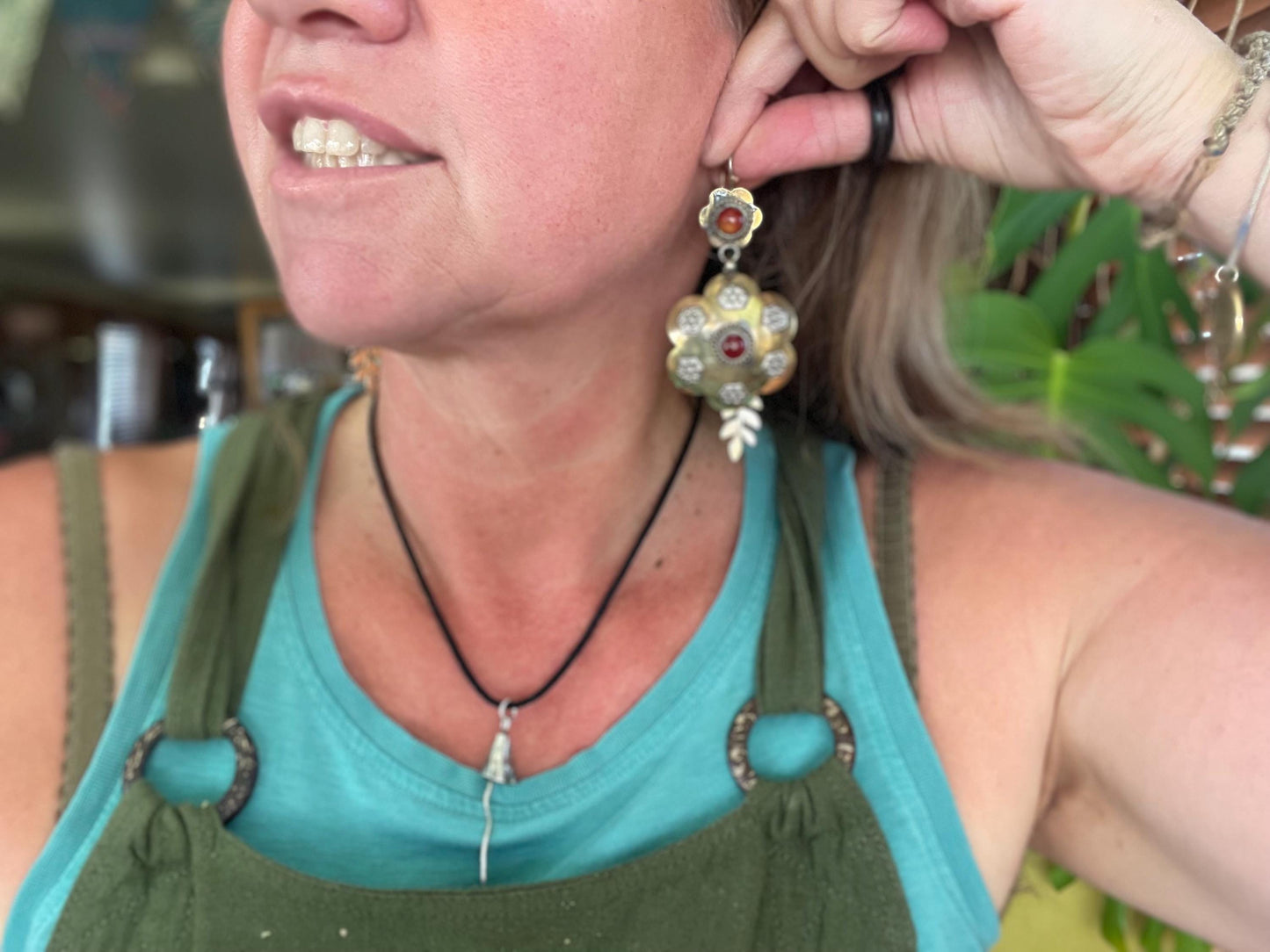 Gypsy jewellery. Large flower earrings with carnelian and glass. Ethical jewellery, eco friendly jewellery, boho earrings, unique earrings.