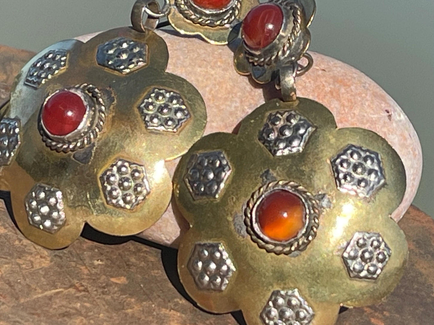 Gypsy jewellery. Large flower earrings with carnelian and glass. Ethical jewellery, eco friendly jewellery, boho earrings, unique earrings.
