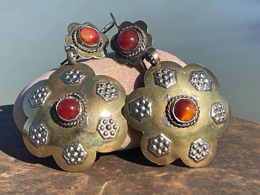 Gypsy jewellery. Large flower earrings with carnelian and glass. Ethical jewellery, eco friendly jewellery, boho earrings, unique earrings.