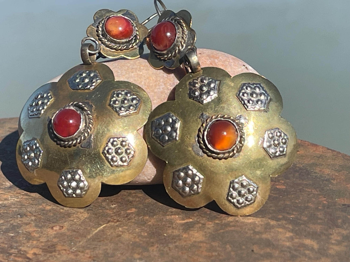 Gypsy jewellery. Large flower earrings with carnelian and glass. Ethical jewellery, eco friendly jewellery, boho earrings, unique earrings.