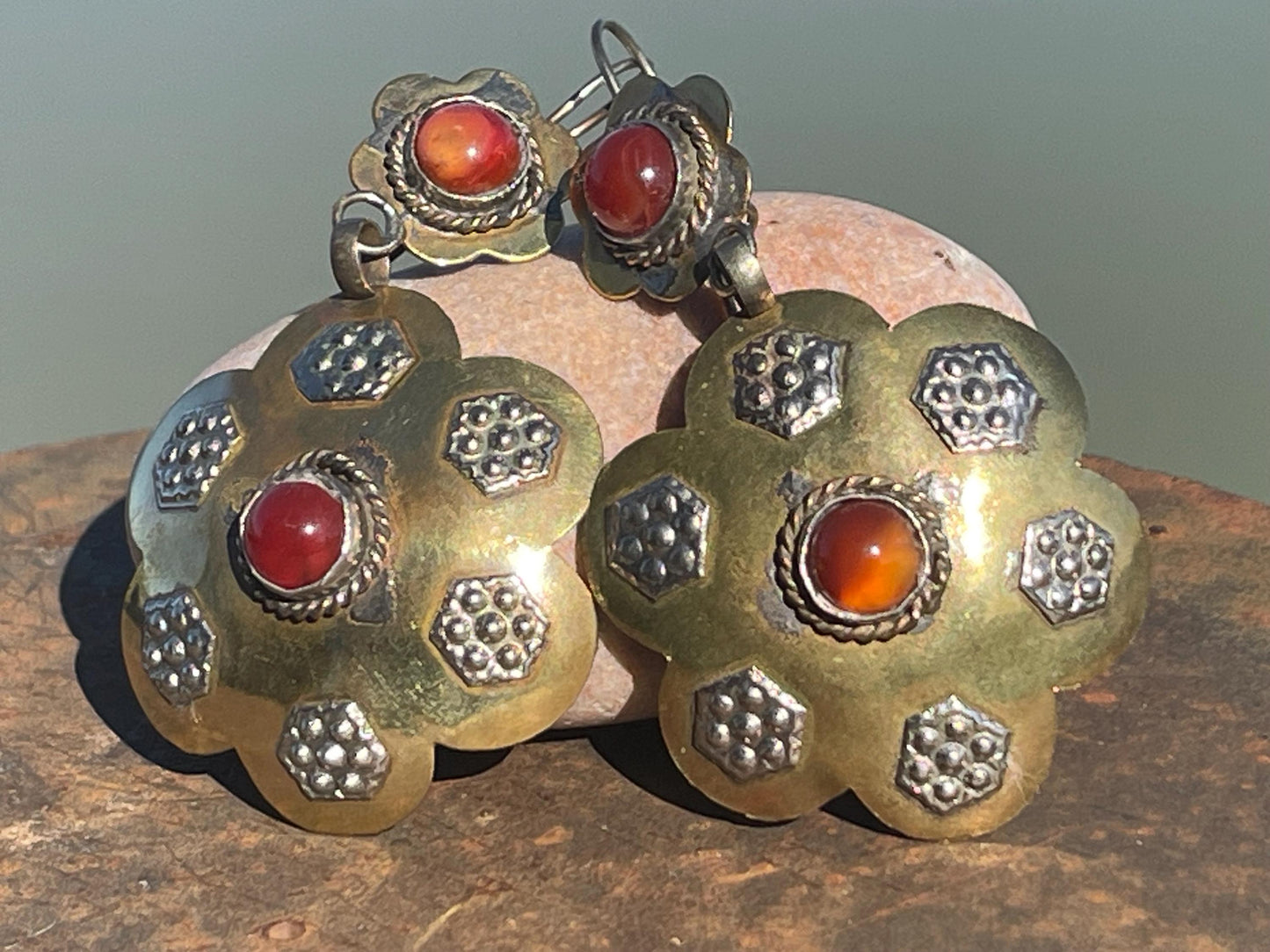 Gypsy jewellery. Large flower earrings with carnelian and glass. Ethical jewellery, eco friendly jewellery, boho earrings, unique earrings.