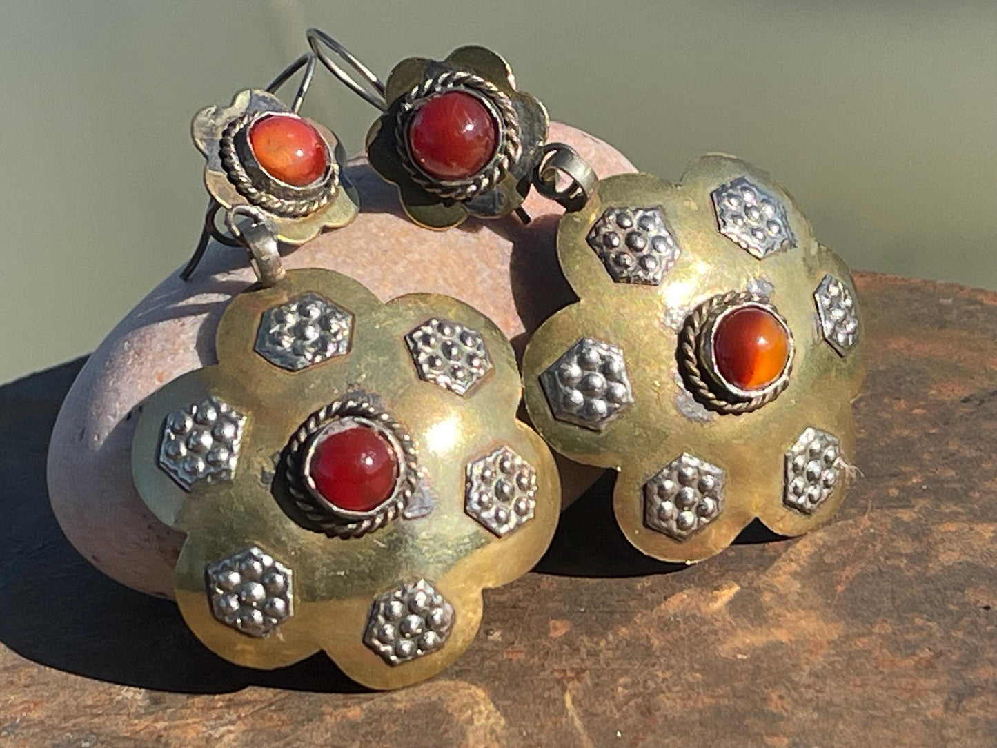 Gypsy jewellery. Large flower earrings with carnelian and glass. Ethical jewellery, eco friendly jewellery, boho earrings, unique earrings.
