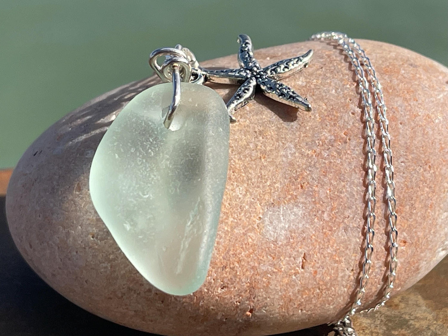 Eco friendly necklace made with sea glass  on a recycled sterling silver chain. Ethical jewellery. Handmade eco friendly jewellery.