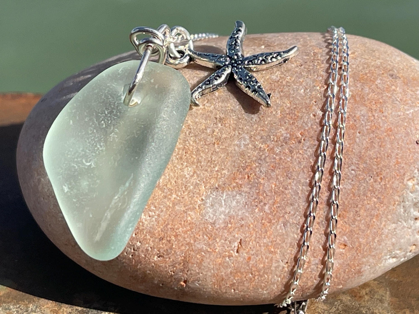 Eco friendly necklace made with sea glass  on a recycled sterling silver chain. Ethical jewellery. Handmade eco friendly jewellery.