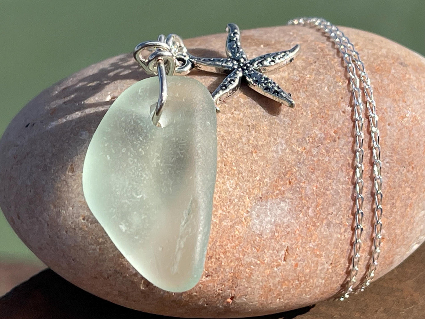 Eco friendly necklace made with sea glass  on a recycled sterling silver chain. Ethical jewellery. Handmade eco friendly jewellery.