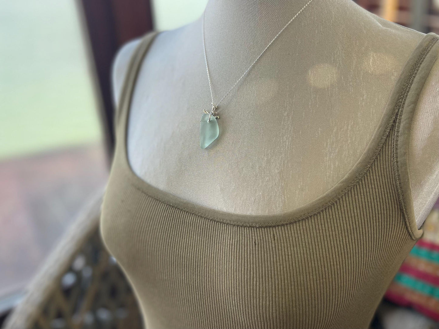 Eco friendly necklace made with sea glass  on a recycled sterling silver chain. Ethical jewellery. Handmade eco friendly jewellery.