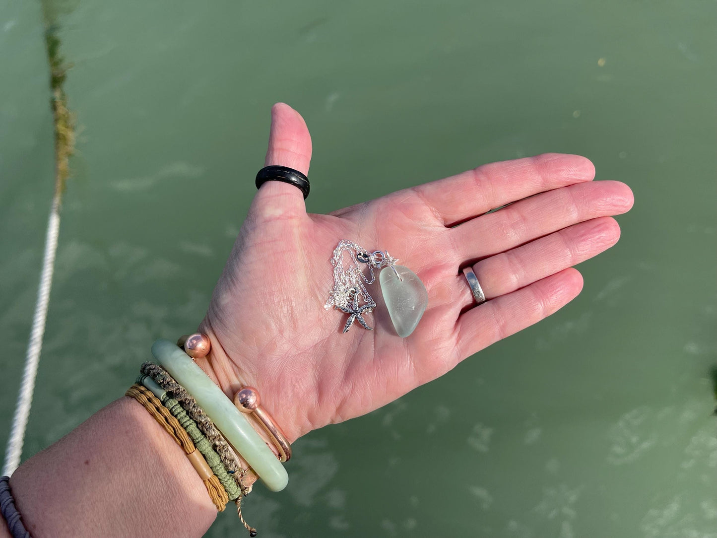 Eco friendly necklace made with sea glass  on a recycled sterling silver chain. Ethical jewellery. Handmade eco friendly jewellery.