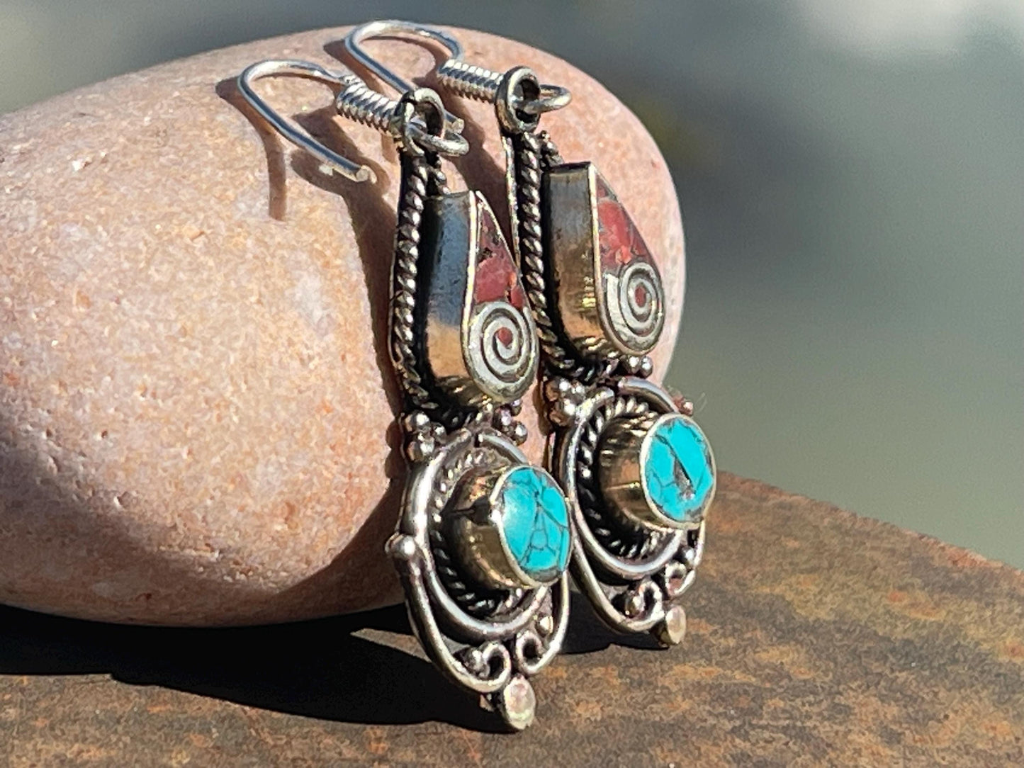 Vintage turquoise earrings, turquoise jewellery, ethical jewellery, gypsy earrings. Eco friendly jewellery. Ethical jewellery.
