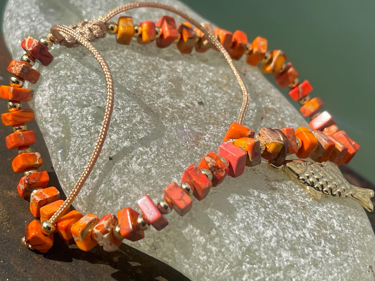 Adjustable Picasso jasper gemstone bracelet, handmade bracelet. Orange bracelet. Ethical jewellery, handmade unique jewellery.