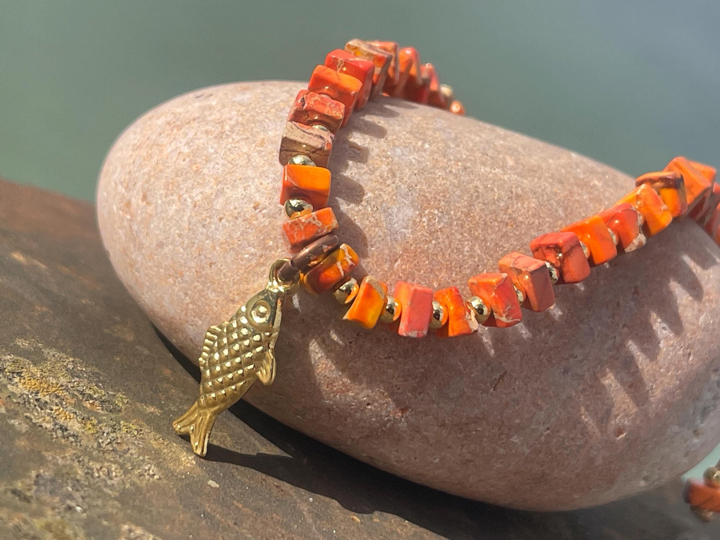 Adjustable Picasso jasper gemstone bracelet, handmade bracelet. Orange bracelet. Ethical jewellery, handmade unique jewellery.