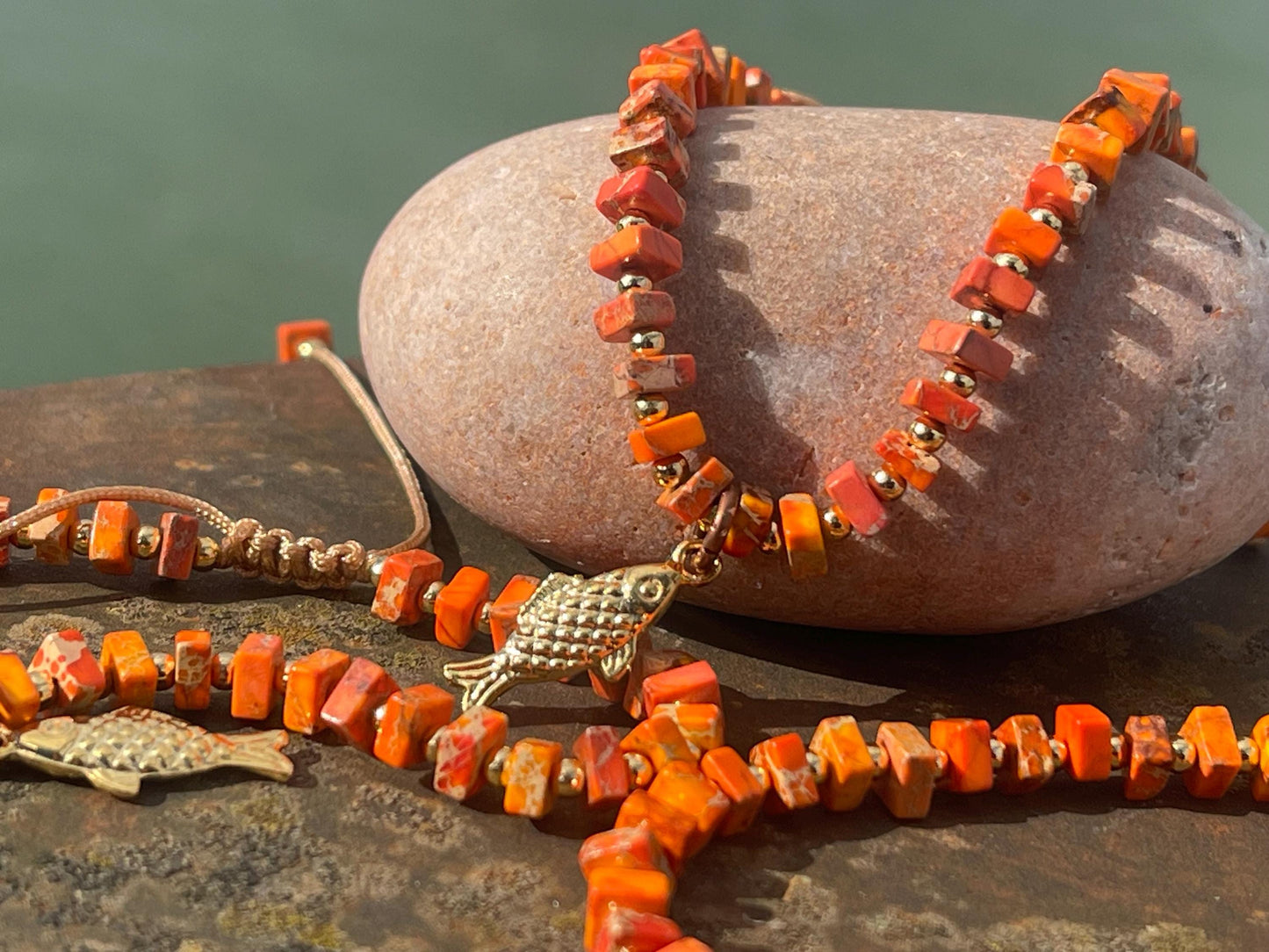 Adjustable Picasso jasper gemstone bracelet, handmade bracelet. Orange bracelet. Ethical jewellery, handmade unique jewellery.