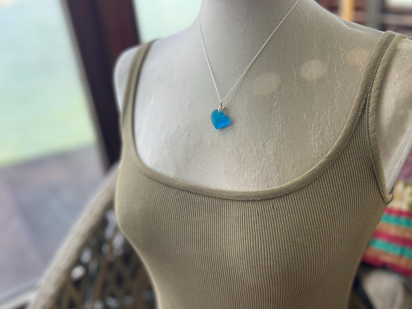 Sea glass heart necklace. Recycled necklace, gift for him. Ethical jewellery. Sea glass pendant. Eco friendly necklace, boho surf jewellery